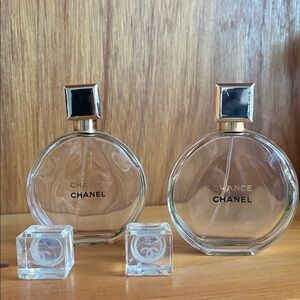 2 empty glass CHANEL CHANCE spray bottles, 2 glass caps